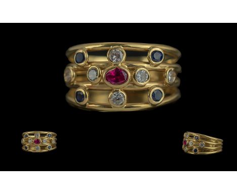 Ladies Excellent and Pleasing 18ct Gold Multi-Gem Set Open worked Ring. Set with Diamonds, Rubies, Sapphires of Good Colour /