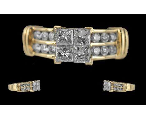 Ladies - Attractive and Good Quality 14ct Gold Diamond Set Dress Ring. Marked 14ct to Interior of Shank. The Central 4 Square