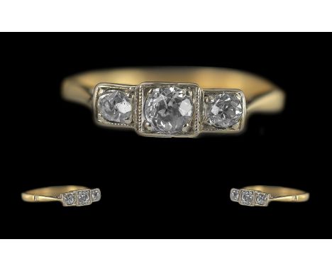 Ladies 18ct Gold and Platinum Petite 3 Stone Diamond Set Ring of Pleasing Design. Marked 18ct and Platinum to Interior of Sha