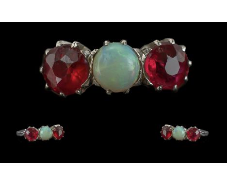 Ladies - Pleasing Antique Period 18ct Gold and Platinum 3 Stone Orange Garnet and Opal Set Ring. Marked 18ct and Platinum to 