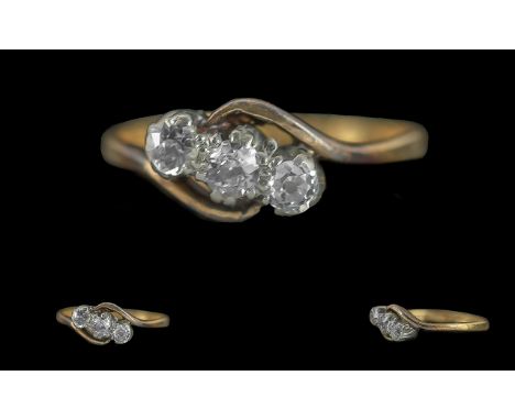 Ladies 18ct Gold 3 Stone Diamond Set Ring. Marked 18ct to Interior of Shank. The Old Round Cut Diamonds of Good Colour / Clar