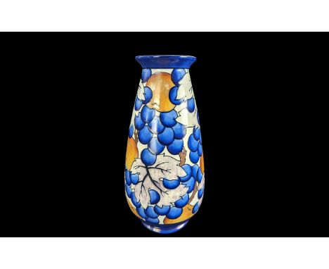 Charlotte Rhead Vase, numbered 4347 and signed to base, marked B &amp; L Ltd.  Blue and orange fruit design, measures 12'' hi