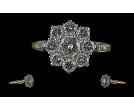 Ladies 18ct Gold Pleasing Quality Diamond Set Cluster Ring, Flower head Design. Marked 18ct to Interior of Shank. The Well Ma