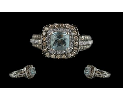 Le Vian Designer Signed 14ct White Gold Diamond and Sea Blue  Aquamarine Set Ring. Full Hallmark for 585 to Shank. The Centra