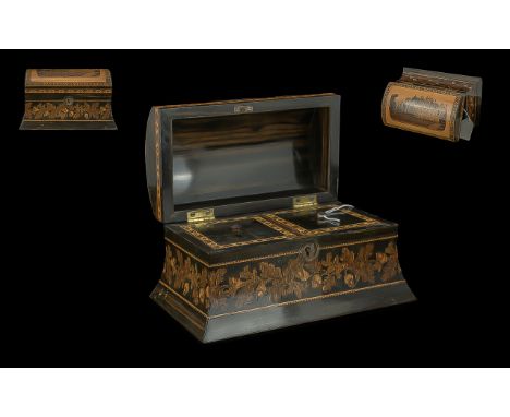 A Tunbridgeware 19th Century Tea Caddy, opening to reveal two covered lids, the top decorated with a Gothic palace, probably 