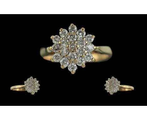 Ladies 9ct Gold - Pleasing Diamond Set Cluster Ring. Full Hallmark to Interior of Shank. Diamonds of Good Colour, Diamond Wei