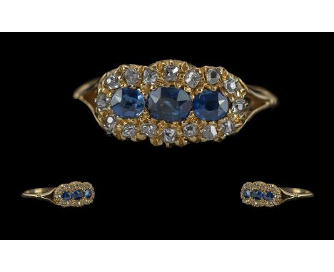 Antique Period - Pleasing and Excellent Quality Ladies 18ct Gold Blue Sapphire and Diamond Set Ring. Marked 18ct to Interior 