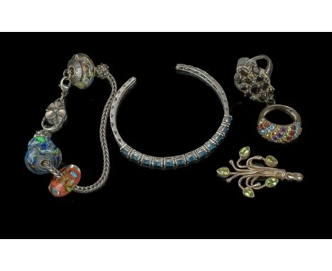 Small Collection of Silver Jewellery, comprising a silver bangle set with blue stones, a silver bracelet set with painted gla