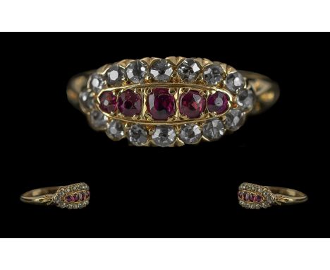 Victorian Period 1837 - 1901 Excellent and Pleasing Ladies 18ct Gold Ruby and Diamond Set Ring. Hallmark Birmingham 1898. The