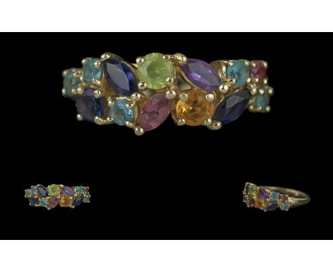 Ladies 9ct Colour Multi-Gem Set Ring. Full Hallmark to Interior of Shank. Set with Amethysts, Peridots, Topaz, Citrine etc. R