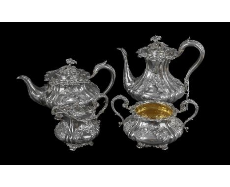 William IV Excellent Quality Sterling Silver Ornate and Heavy Case ( 4 ) Piece Tea and Coffee Service with Embossed Floral an