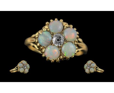 Antique Period Pleasing Quality Ladies 18ct Gold Opal and Diamond Set Ring, flower head design, not marked, tests 18ct gold, 