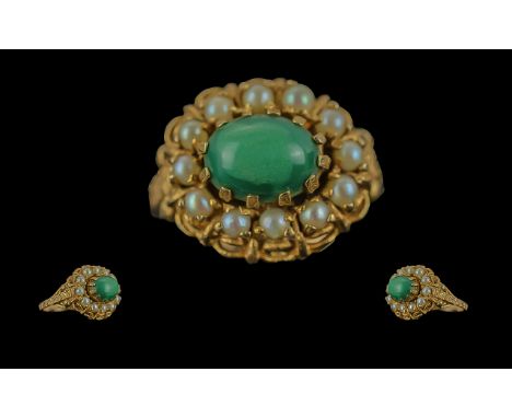 Antique Period - Attractive Ladies 9ct Gold Turquoise and Seed Pearl Set Ring. Not Marked but Tests 9ct Gold. Ring Size L. We