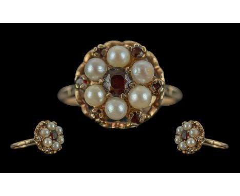 Ladies Attractive 9ct Gold Pearl and Garnet Set Dress Ring. Full Hallmark to Interior of Shank. The Pearls of Excellent Lustr
