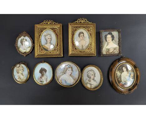 Collection of Portrait Miniatures, mid-20th century, framed, one tortoiseshell, nine in total, including assorted elegant tra