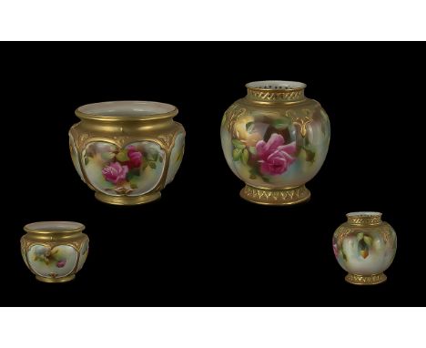 Royal Worcester Hand Painted and Signed Roses Decorated Small Vases. Comprises 1/ Roses Within Gold Painted Panels, Date 1911