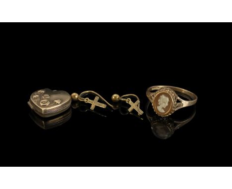 Three Small 9ct Gold Items, comprising a cameo ring size M, a heart shaped locket with raised floral pattern, and a pair of c