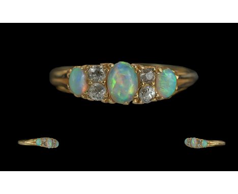 Antique Period Petite and Attractive 18ct Gold Opal and Diamond Set Ring, Gallery Setting. Full Hallmark London 1903. Opal an