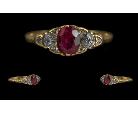 Ladies 18ct Gold Attractive Ruby and Diamond Set Ring. The Central Faceted Rubies of Excellent Colour, Est Weight 1.00 ct, Wi