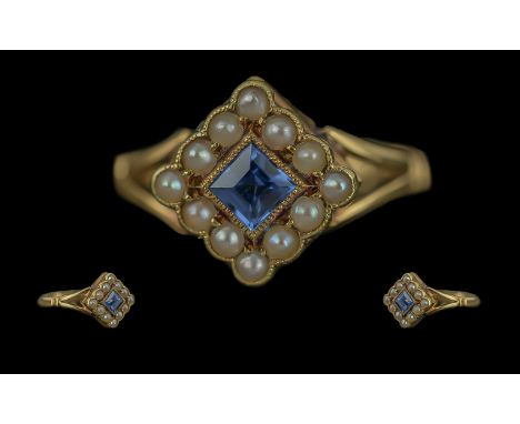 Victorian Period Attractive and Superb Quality Petite Ladies Sapphire and Pearl Set Ring, marked 18ct to shank, the centre sm