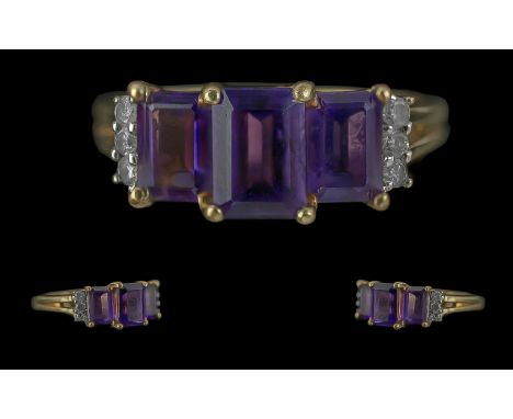 Ladies Attractive 9ct Gold Amethyst and Diamond Set Dress Ring. Full Hallmark to Shank. The Princes Cut Amethysts of Deep Pur