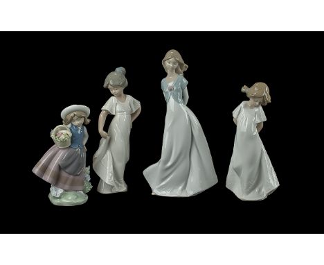 Four Porcelain Figures, comprising Lladro figurine 'Sweet Scent' number 5221. Spanish name 'Linda con Cesta'. Young girl wear