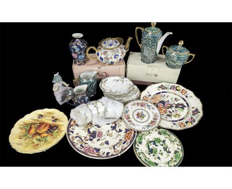 Box of Assorted Pottery to include Nao figures, Mason's 'Chartrose', Royal Paragon part tea service, Czechoslovakian part tea