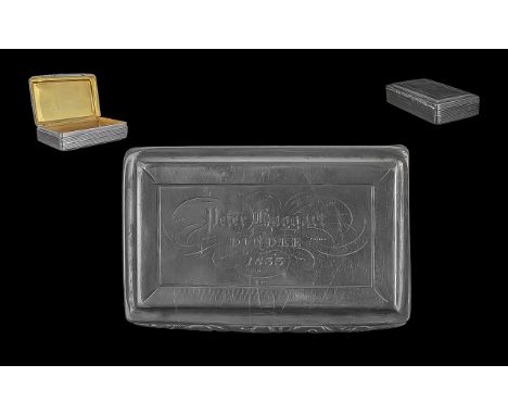 Nathaniel Mills Snuff Box of rectangular form, hinged lid, gilt interior, engraved to top 'Dundee' and dated 1833. 3 inches x