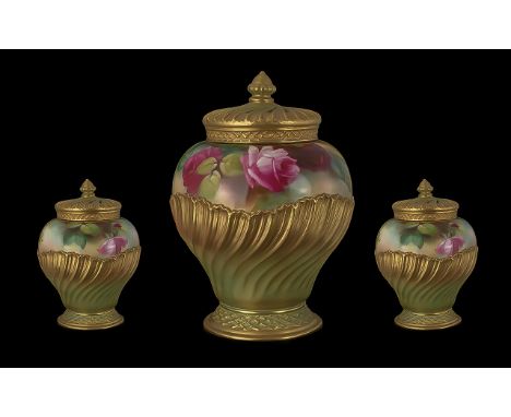 Royal Worcester Excellent Hand Painted and Signed Lidded Pot Pourri ' Roses ' Stillife. Signed J. Lander, c.1909. Shape No 17