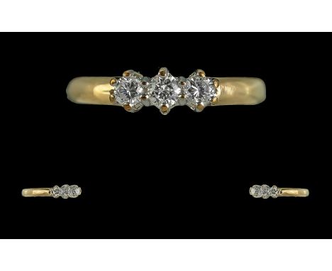 Ladies 9ct Gold - Attractive 3 Stone Diamond Set Ring. Full Hallmark to Interior of Shank. The 3 Round Brilliant Cut Diamonds