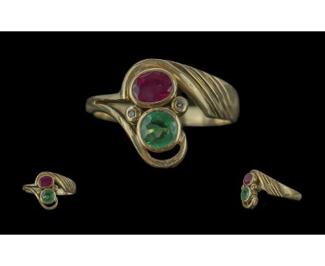 Ladies 14ct Gold Pleasing 2 Stone Ruby and Emerald Set Ring. Marked 585 - 14ct to Shank. Emerald and Ruby of Good Colour and 