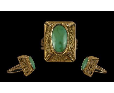 Ladies Superb and Pleasing Bespoke 18ct Gold Single Stone Turquoise Set Ring, tests 18ct, the openwork wired setting and shan