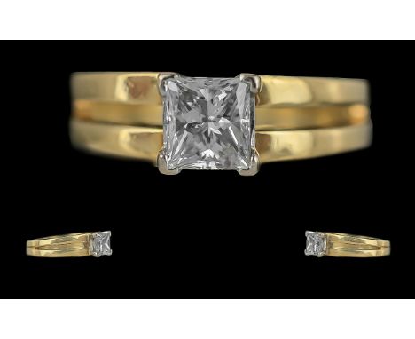 Ladies Superb 18ct Gold Contemporary Single Stone Diamond Set Ring, full hallmark to interior of shank, the princess cut diam