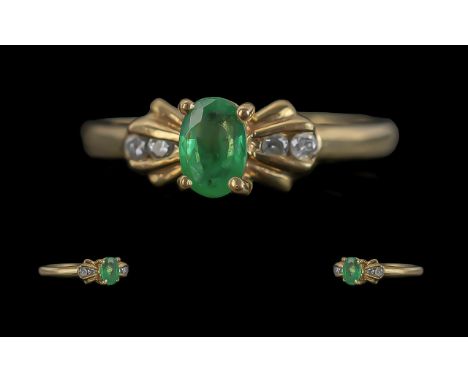 Ladies - Attractive Emerald and Diamond Set Ring. Full Hallmark to Interior of Shank. Emerald and Diamonds of Good Colours. R
