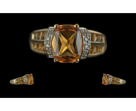 Ladies - Attractive 9ct Gold Citrine and Diamond Set Dress Ring. Full Hallmark to Interior of Shank. The Citrine of Good Colo