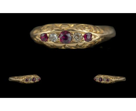 Edwardian Period 1902 - 1910 Ladies 18ct Gold 5 Stone Ruby and DIamond Set Dress Ring, Gallery Setting. Full Hallmark Chester