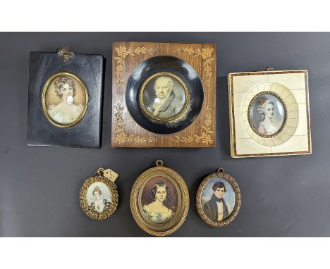 Collection of Portrait Miniatures, 1950's, elegant ladies and gentlemen in traditional clothes, various shapes framed, six in