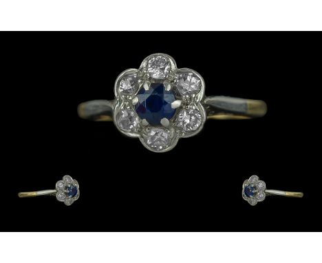 18ct Gold and Platinum Attractive Diamond and Sapphire Set Cluster Ring, flower head design, marked 18ct and platinum to inte