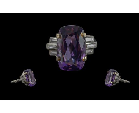 Ladies Superb 18ct Gold Amethyst and Diamond Set Ring of contemporary design and superb quality , the large, rectangular shap