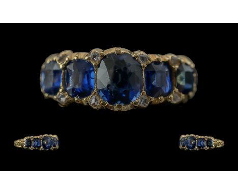 Edwardian Period 1902 - 1910 Ladies 18ct Gold 5 Stone Blue Sapphire and Diamond Set Ring. The Faceted Blue Sapphires of Excel