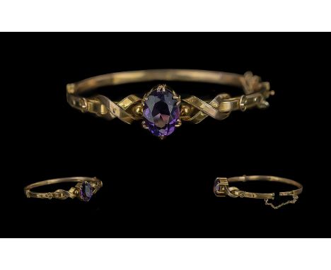 Edwardian Period 1901 - 1910 Pleasing Quality Ladies 9ct Gold Amethyst Set Ornate Bangle with safety chain, full hallmark, Ch