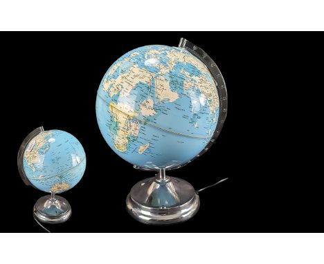 Light up Globe, raised on a chrome base, working at time of cataloguing.  Measures 16'' high.
