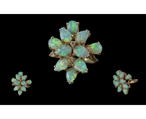 Ladies - Attractive 9ct Gold Opal and Diamond Set Cluster Dress Ring. Full Hallmark to Interior of Shank. The Well Matched Op