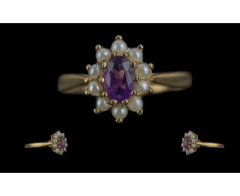 Ladies - Attractive 9ct Gold Amethyst and Seed Pearl Set Dress Ring. Full Hallmark to Interior of Shank. The Central Amethyst