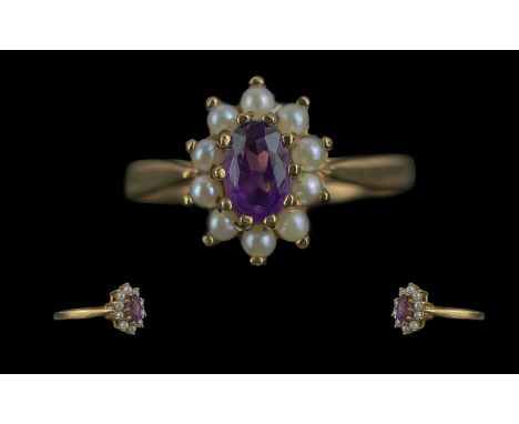 Ladies - Attractive 9ct Gold Amethyst and Seed Pearl Set Dress Ring. Full Hallmark to Interior of Shank. The Central Amethyst