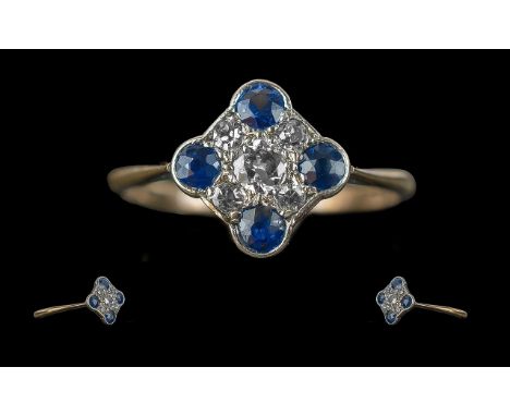 Antique Period - Pleasing 18ct Gold and Platinum Blue Sapphire and Diamond Set Ring of Excellent Proportions / Design. c.1910