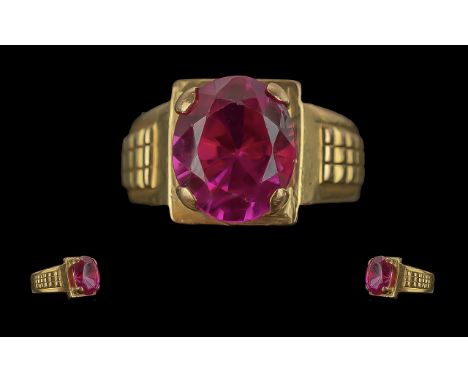 22ct Gold Superb Quality Single Stone Synthetic Ruby Ring.  Not marked, tests high carat gold.  The large faceted ruby, of su