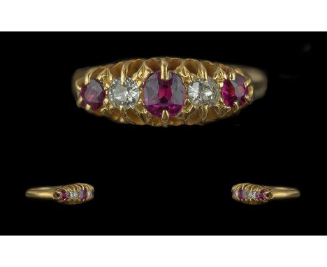 Victorian Period 1837 - 1901 Ladies 18ct Gold Pleasing 5 Stone Ruby and Diamond Set Ring. Gallery Setting. Full Hallmark to I