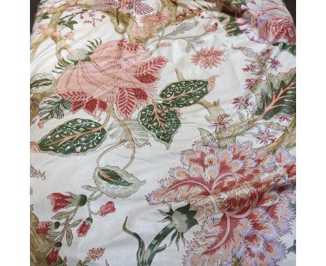 A pair of cream floral curtains, each 140w x 248l cm, together with another pair, each 114w x 188l cm