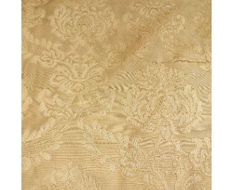 A pair of gold coloured damask floor length curtains, each 109w x 206l cm, together with a smaller pair, 155w x 135l cm. Prov